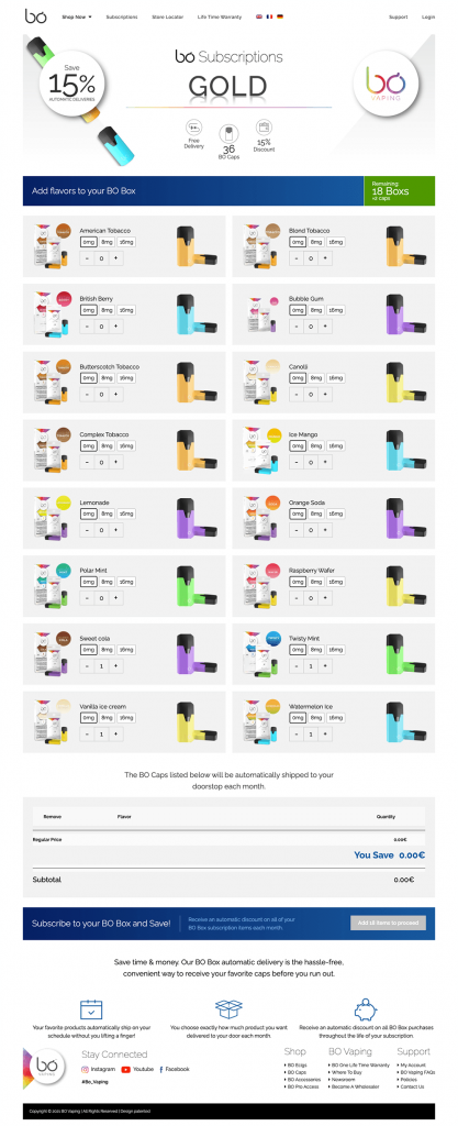 Screenshot of Bo Vaping Subscriptions page