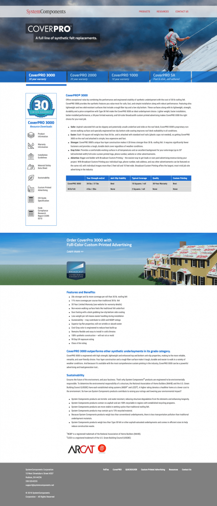 Screenshot of Systems Components Coverpro product page