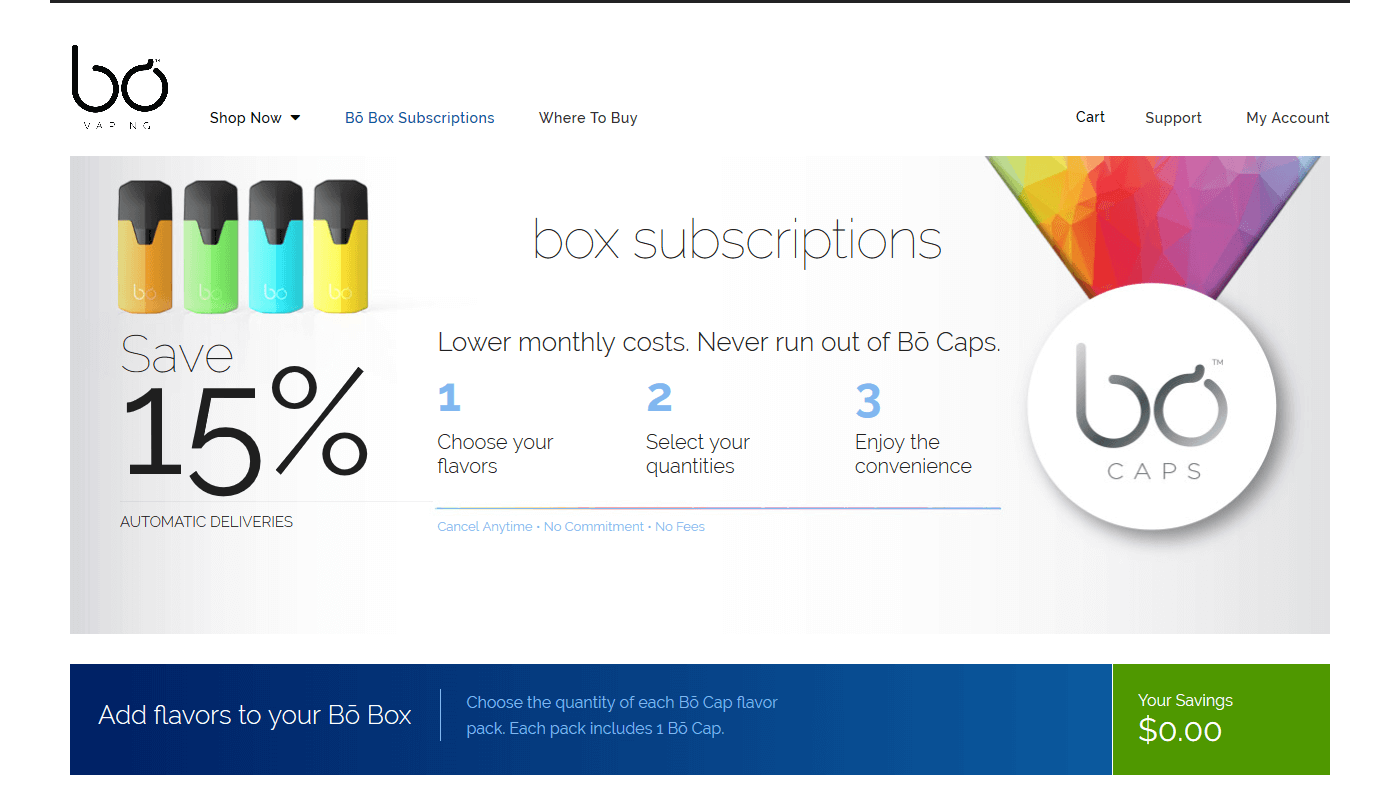 Screenshot of bo vaping subscription page