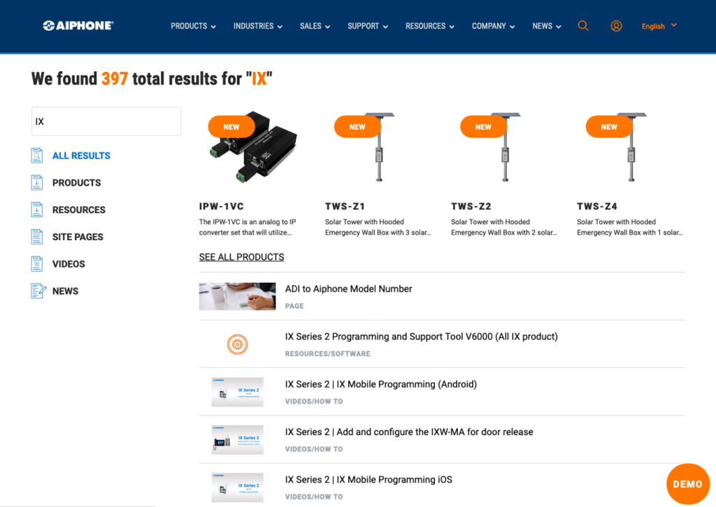 Screenshot of Aiphone search page