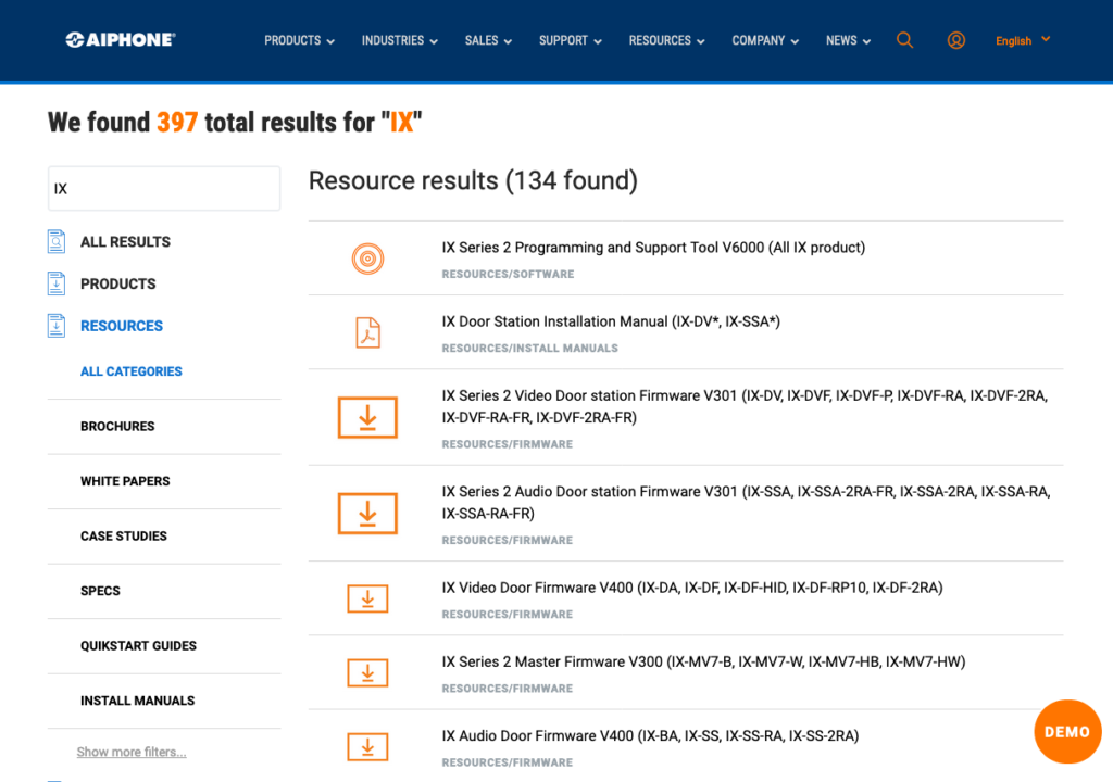 Screenshot of Aiphone search page
