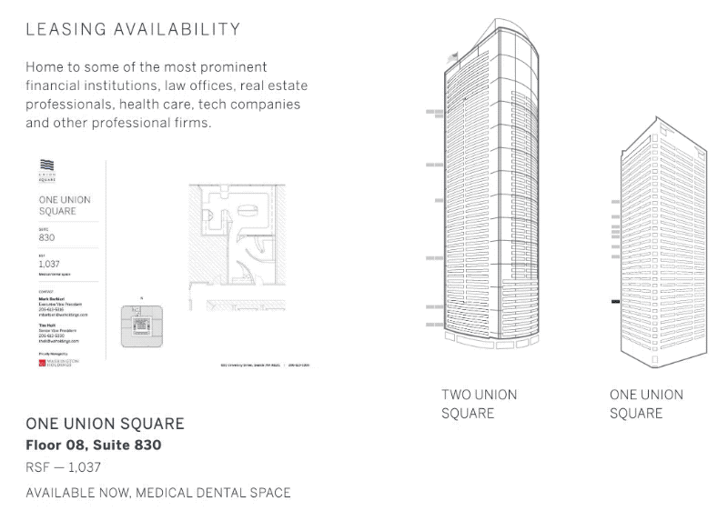 Screenshot of Union Square available offices with diagram of office location in buildings