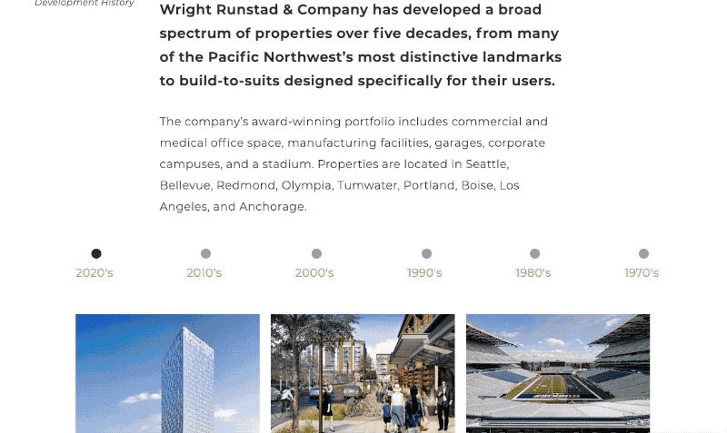 Screenshot of Wright Runstad History with images of buildings