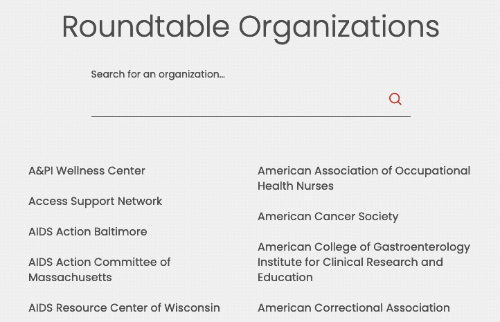 Screenshot of Roundtable organizations that are part of NVHR