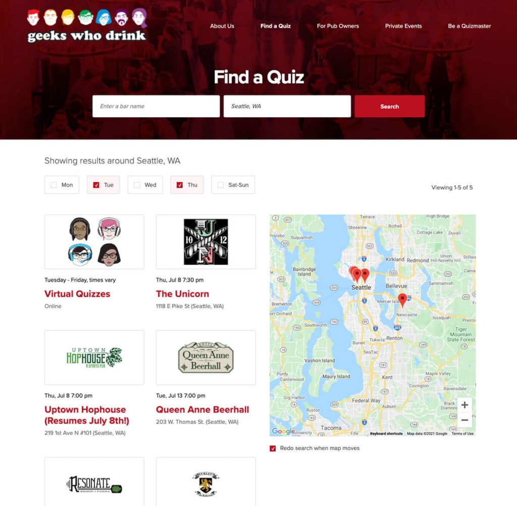 preview of geeks who drink event search page
