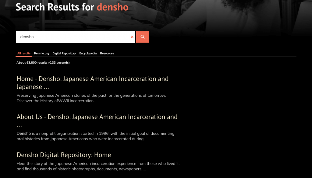Preview of Densho search page with sample search results